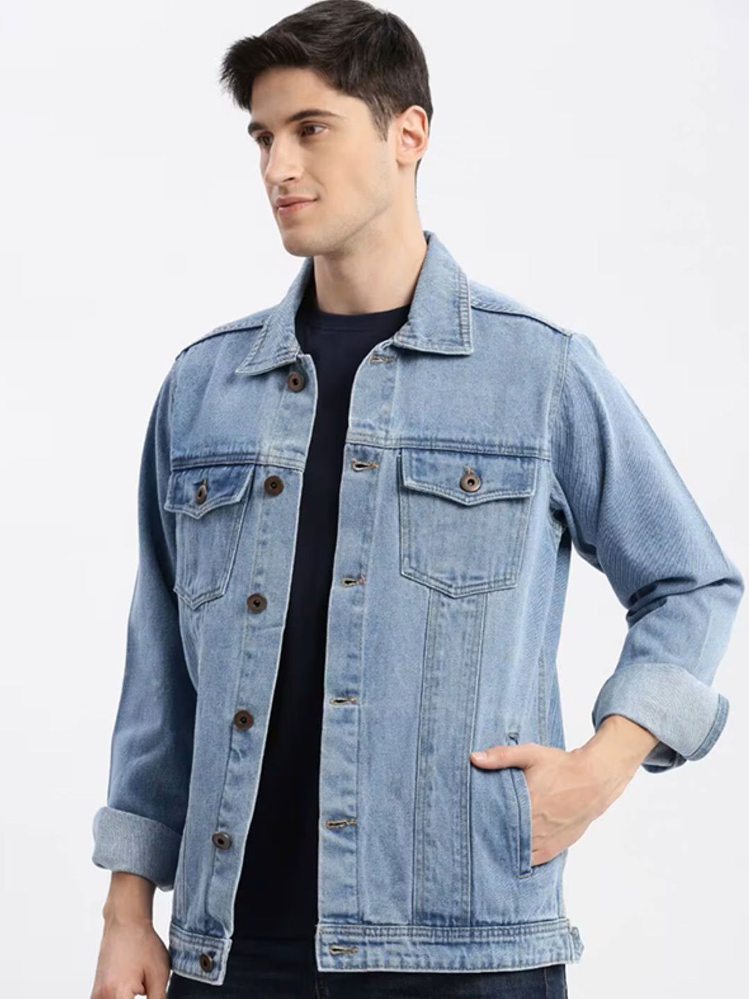 LINARIA Men Spread Collar Solid Denim Jacket