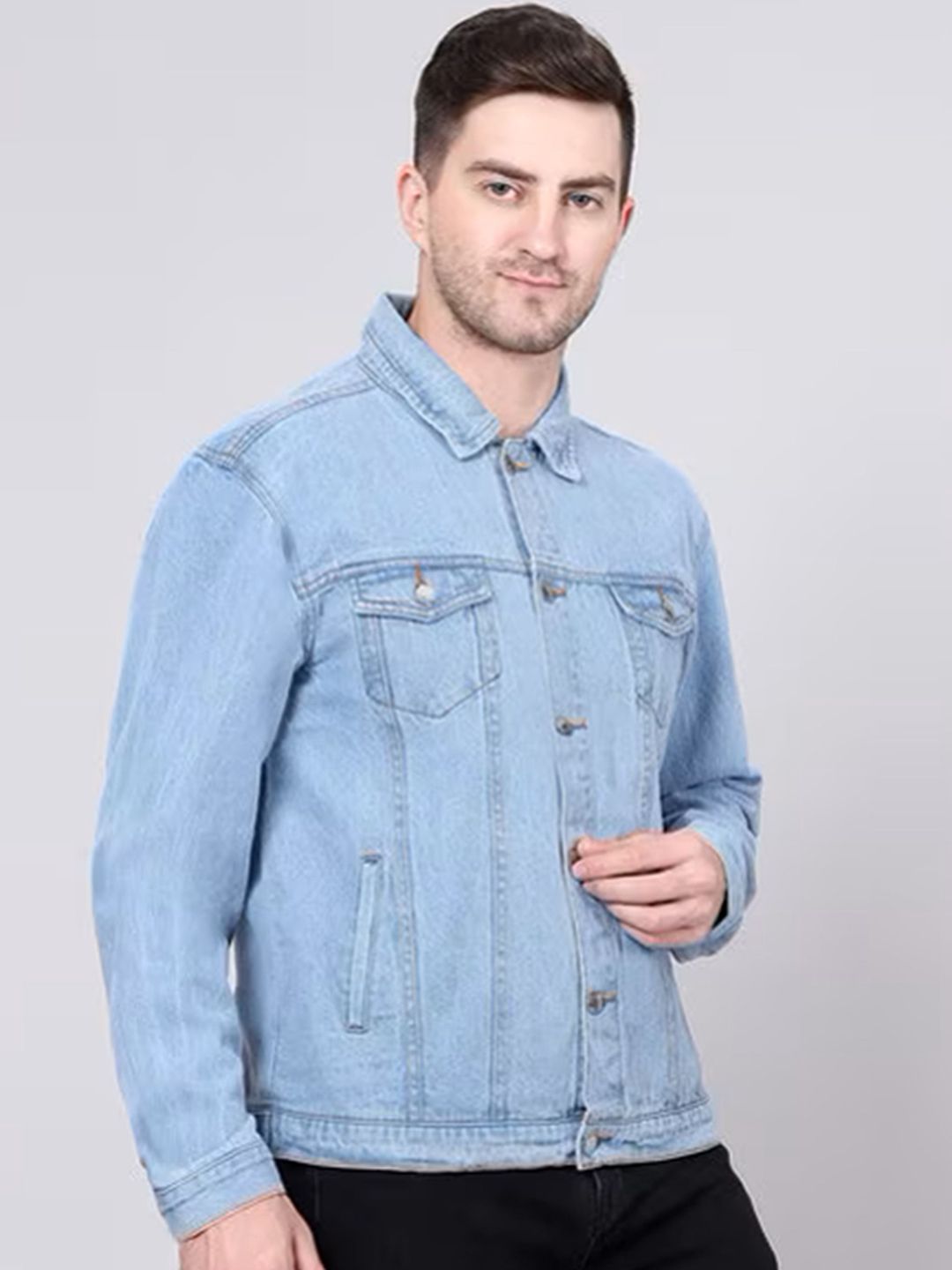 LINARIA Men Spread Collar Solid Denim Jacket