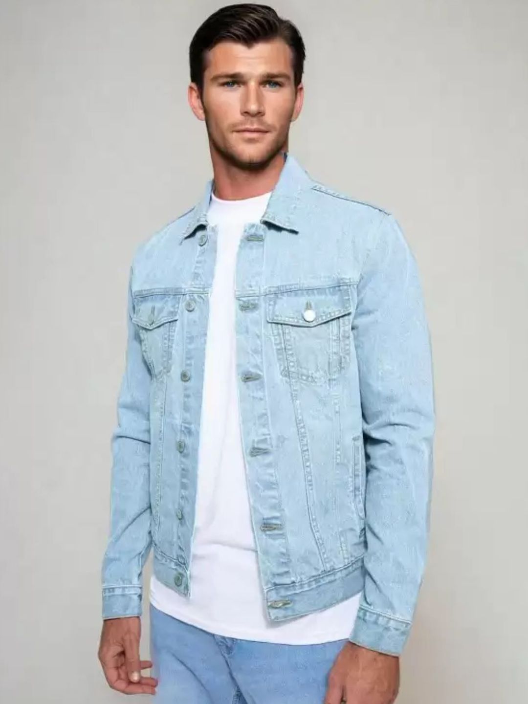 LINARIA Men Spread Collar Solid Denim Jacket