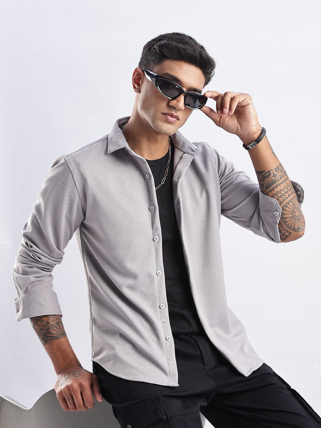 THE BEETEL HOUSE Men Waffle Dobby Regular Slim Fit Casual Shirt