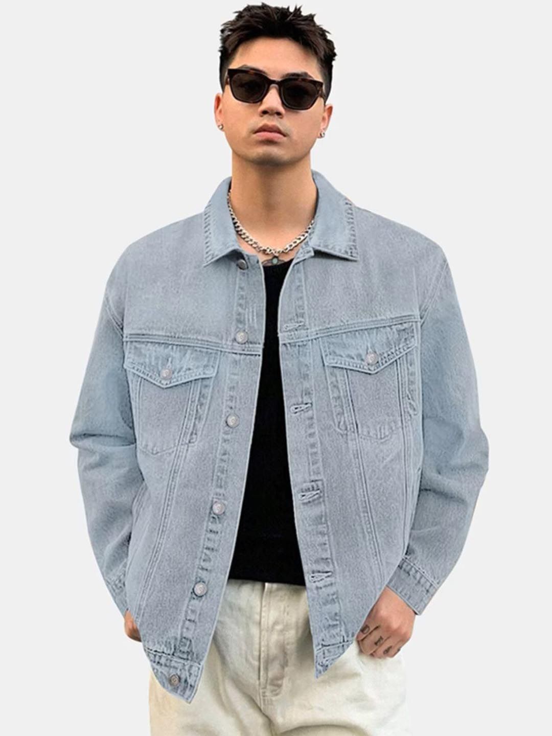 LINARIA Men Spread Collar Solid Denim Jacket