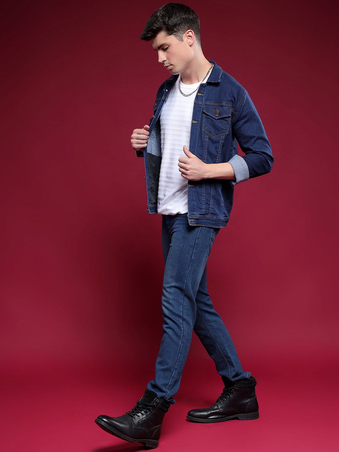 LINARIA Men Spread Collar Solid Denim Jacket