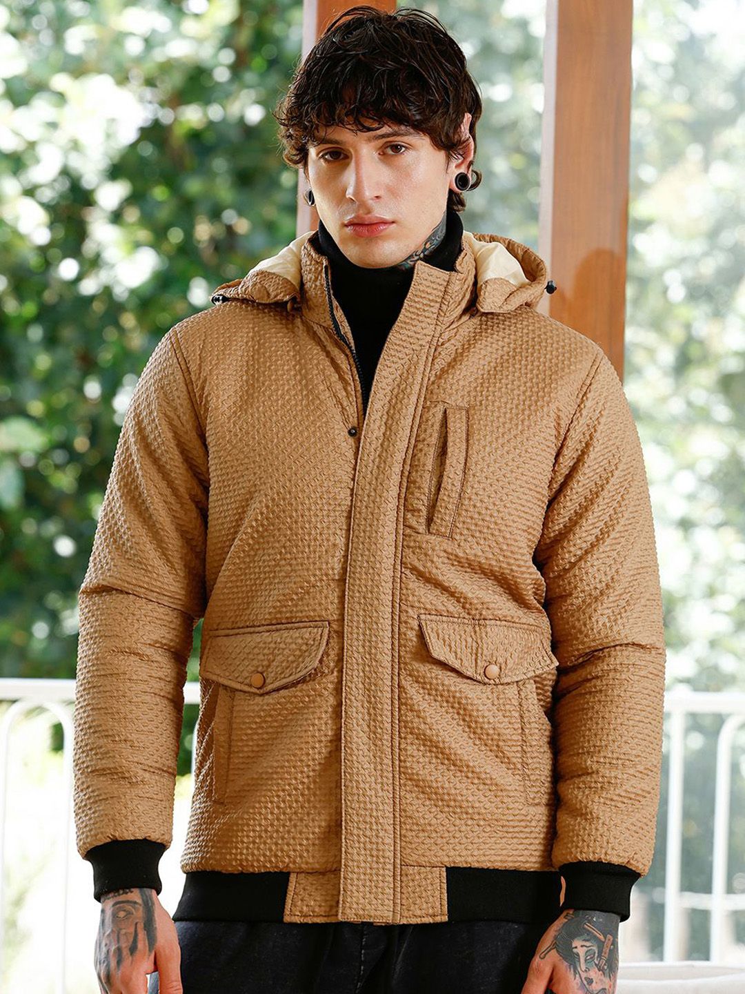 CAHOOT Men Stand Collar Self Design Lightweight Puffer Jacket