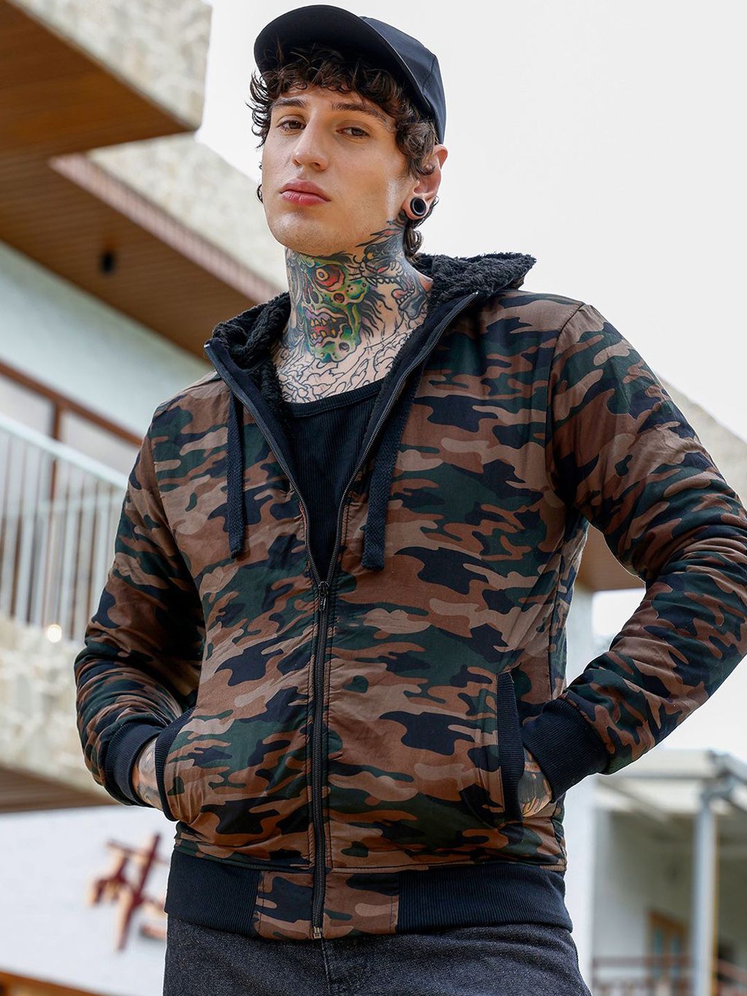 CAHOOT Men Hooded Camouflage Printed Lightweight Cotton Bomber Jacket