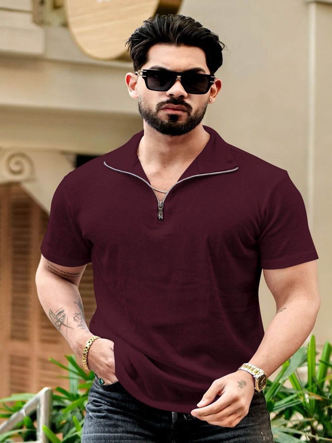 HOODLER Men Solid Polo Collar Cotton T-shirt