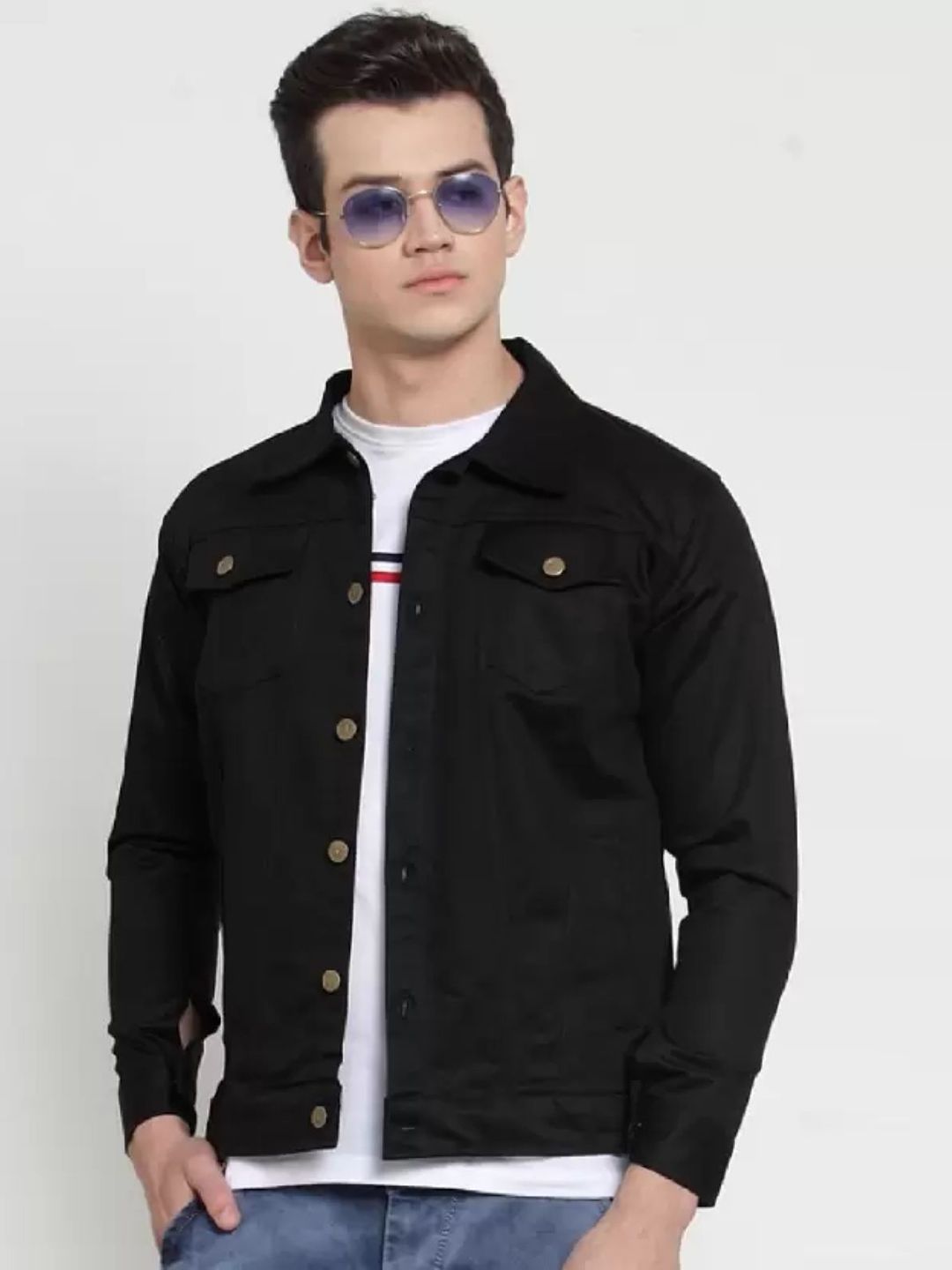 LINARIA Men Spread Collar Solid Cotton Denim Jacket