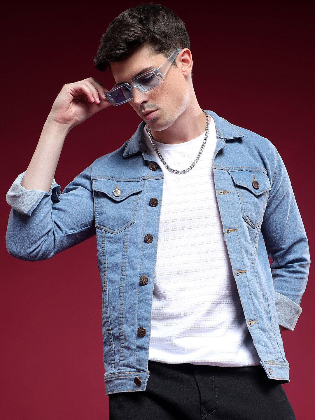 LINARIA Men Spread Collar Solid Denim Jacket