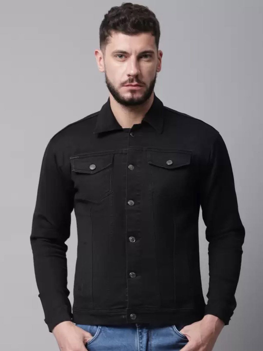 LINARIA Men Spread Collar Solid Cotton Denim Jacket