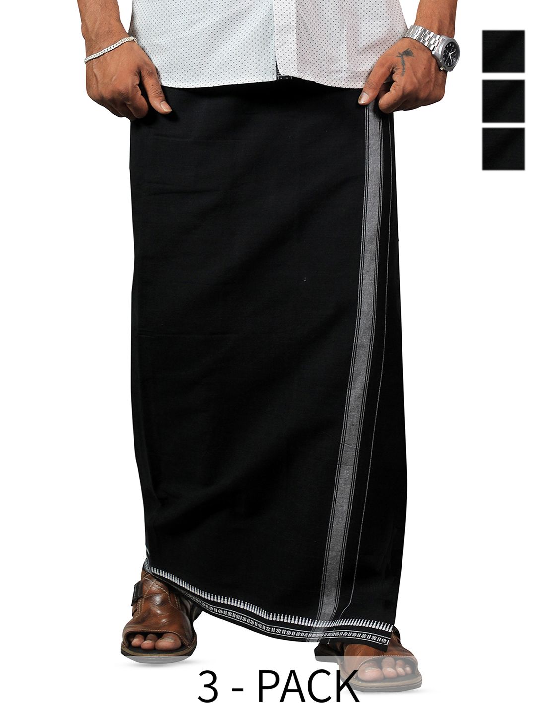 PRAKASAM COTTON Men Selection Of 3 Thalapathi Border Dhoties - 2mtr