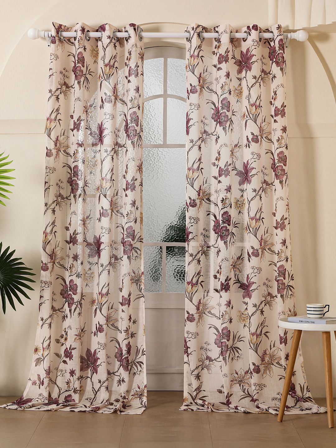 Story@home Story@home Cream-Coloured & Purple Set of 2 Floral Sheer Door Curtain