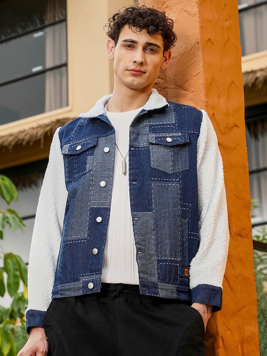 CAHOOT Men Spread Collar Colourblocked Self Design Lightweight Cotton Denim Jacket