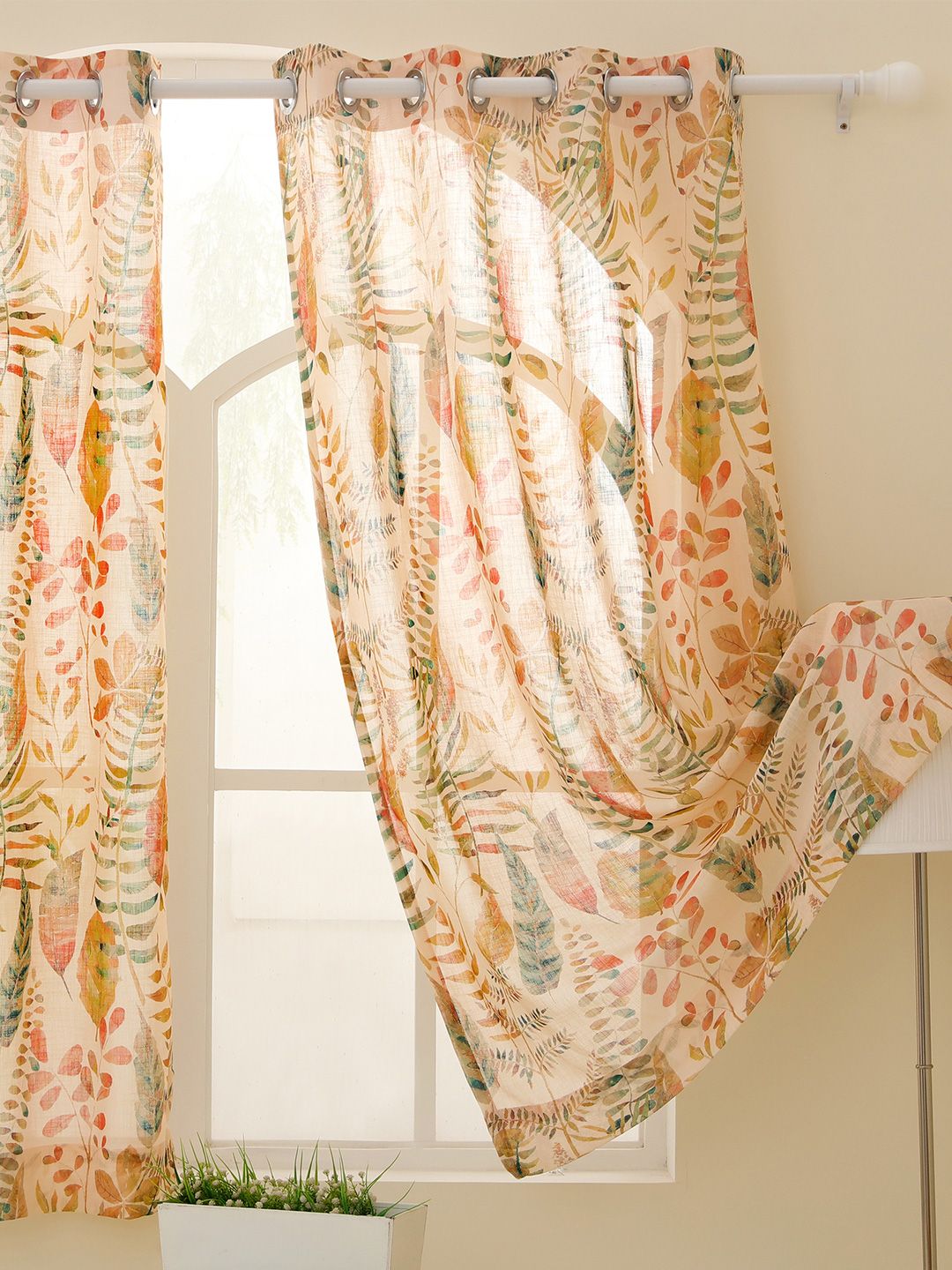 Story@home Story@home Cream-Coloured & Orange Floral Sheer Window Curtain