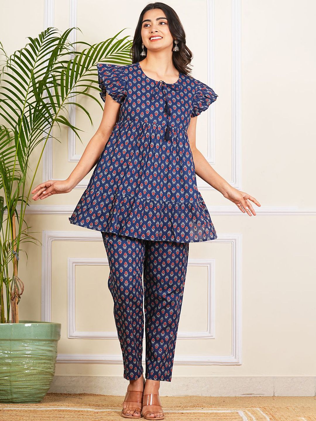 Krati Creations Printed Round Neck Pure Cotton Tunic With Trousers