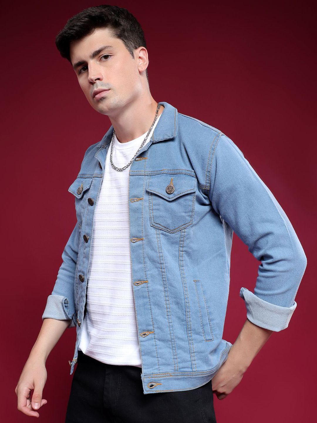 LINARIA Men Spread Collar Solid Denim Jacket