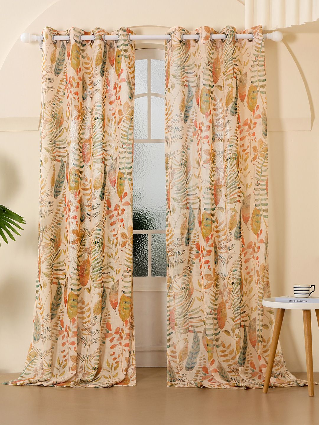 Story@home Story@home Cream-Coloured & Orange Set of 2 Floral Sheer Door Curtain
