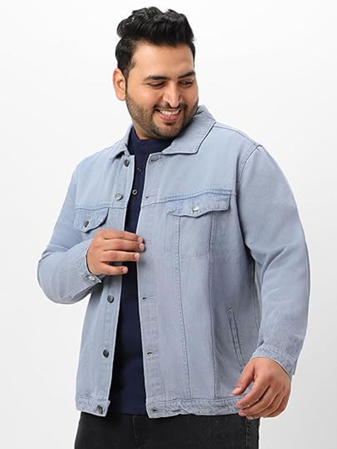 LINARIA Men Plus Size Spread Collar Solid Denim Jacket