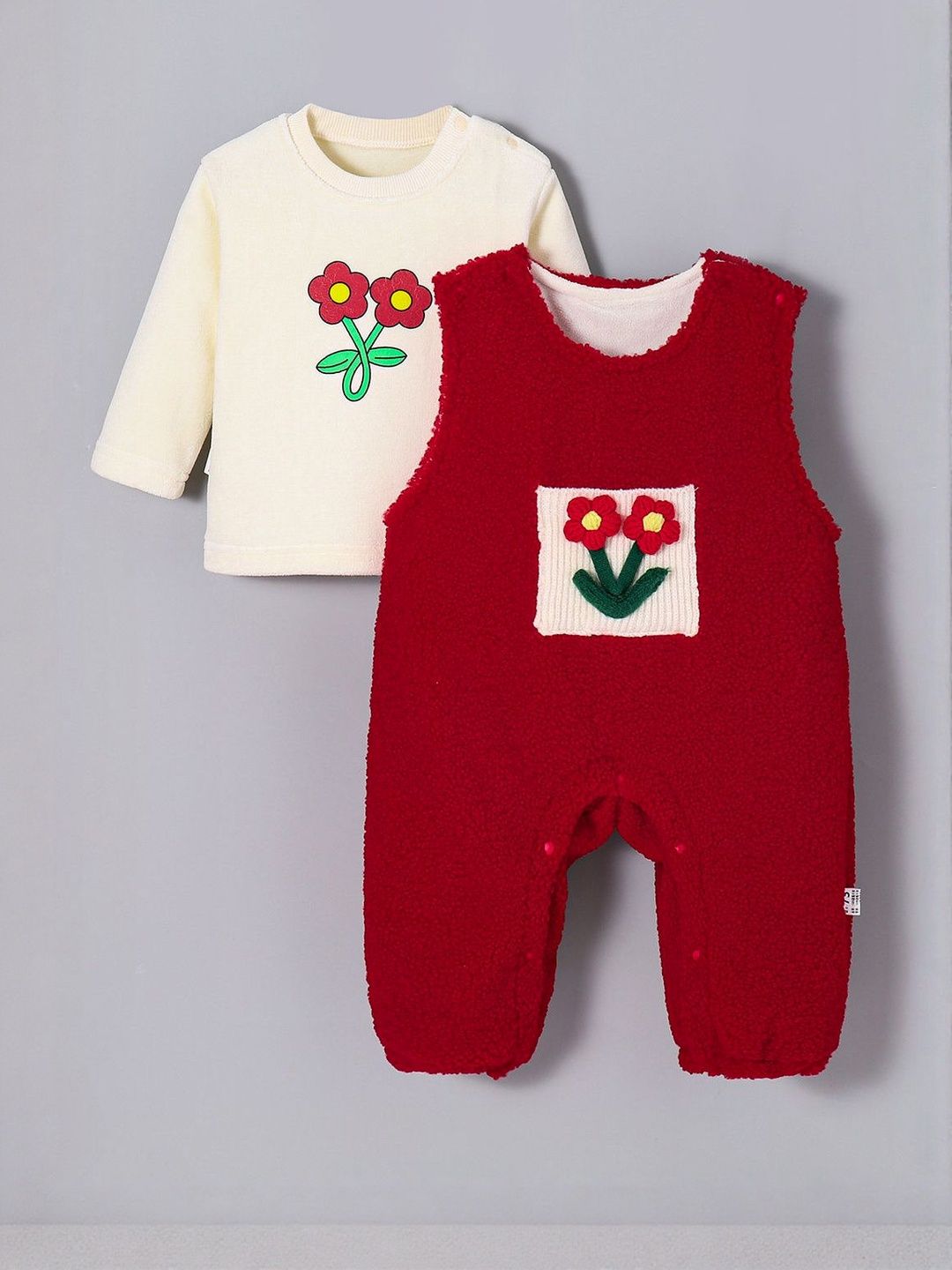 Hopscotch Girls 2 Pcs White & Red Floral Printed Dungaree Set