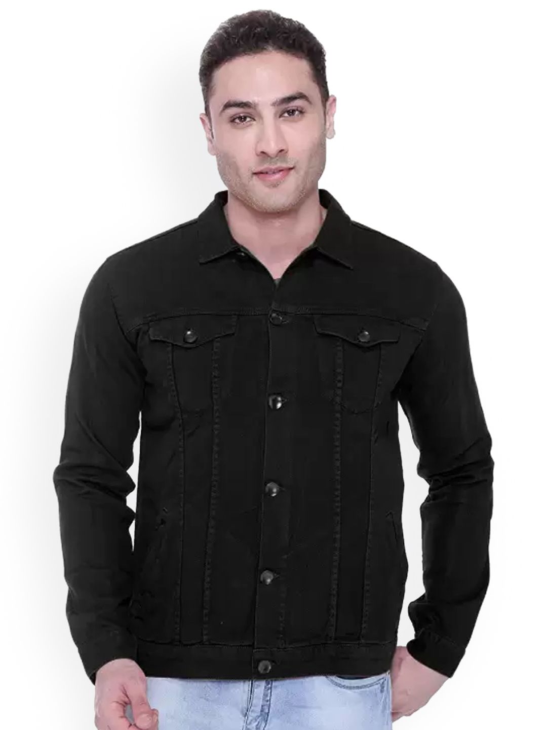 LINARIA Men Spread Collar Solid Cotton Denim Jacket