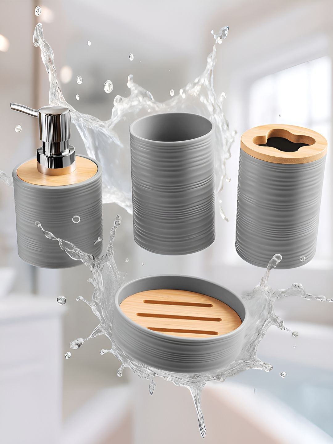 Story@home Grey & Steel 4 Pieces Bathroom Accessories