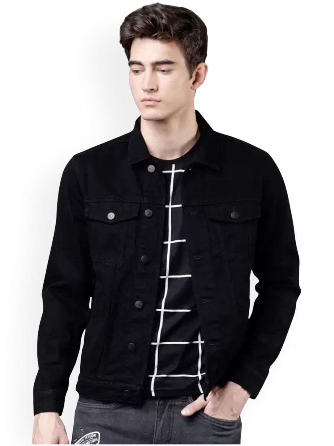 LINARIA Men Spread Collar Solid Cotton Denim Jacket
