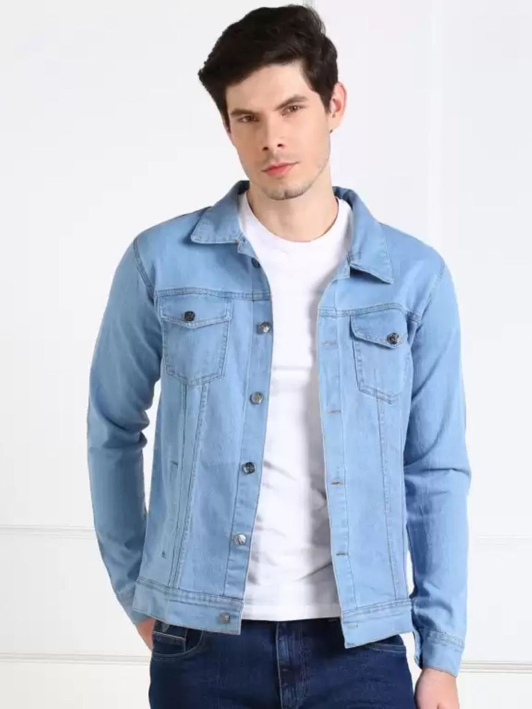 LINARIA Men Spread Collar Solid Denim Jacket