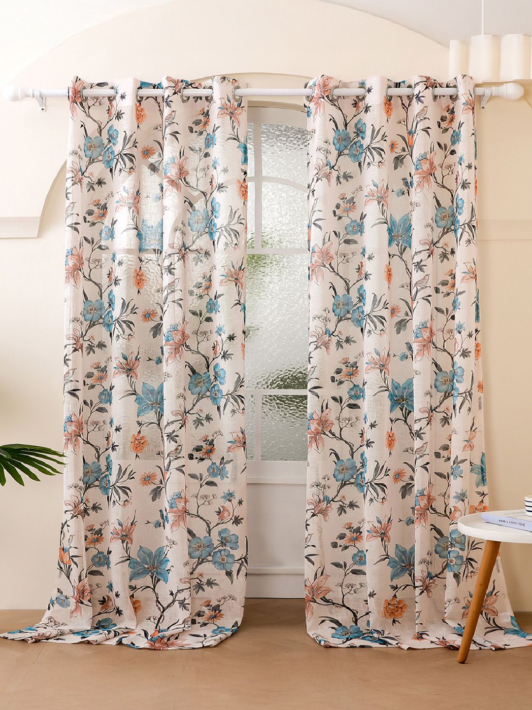 Story@home Story@home Cream-Coloured & Blue Set of 2 Floral Sheer Door Curtain