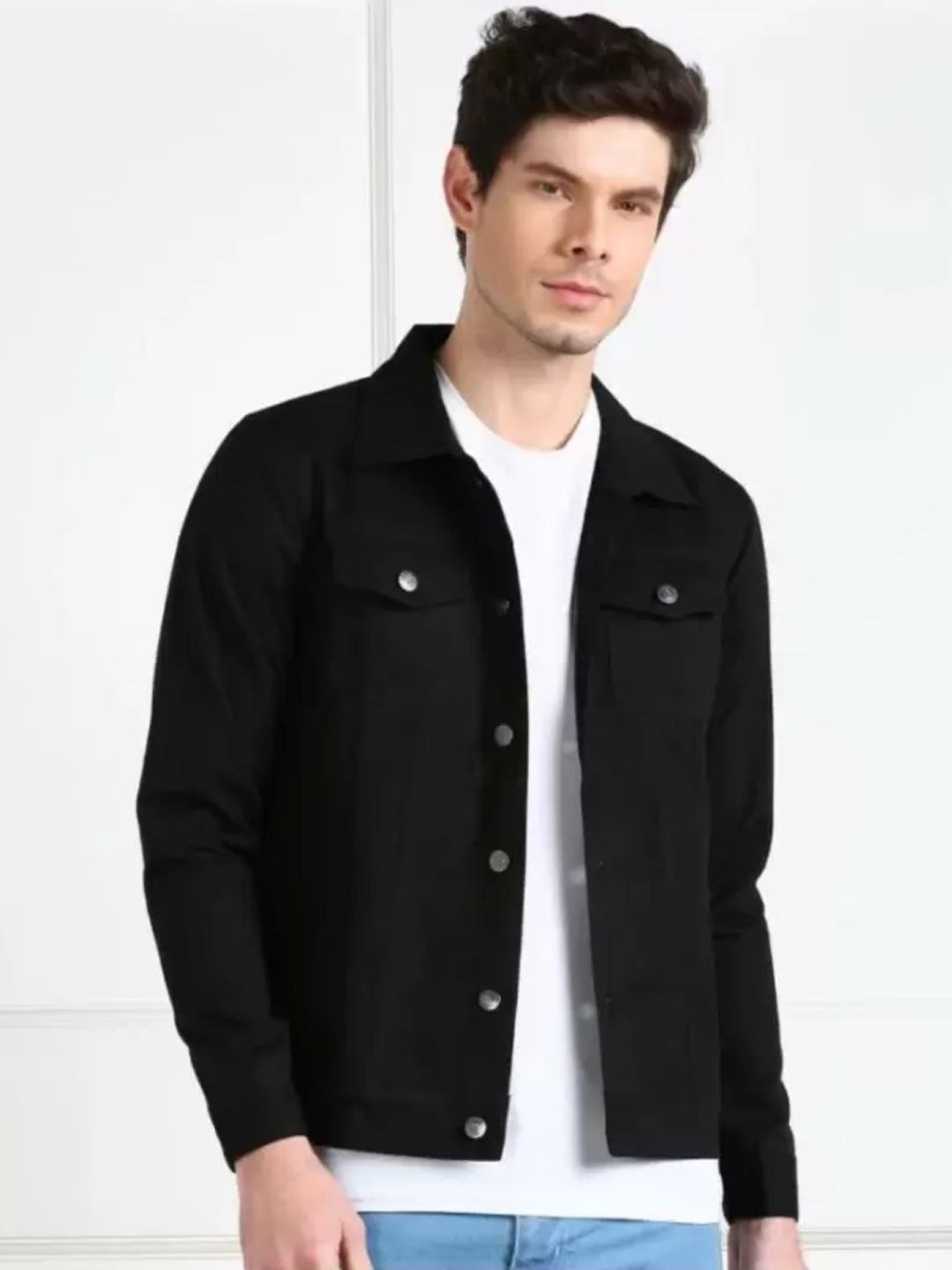 LINARIA Men Spread Collar Solid Cotton Denim Jacket
