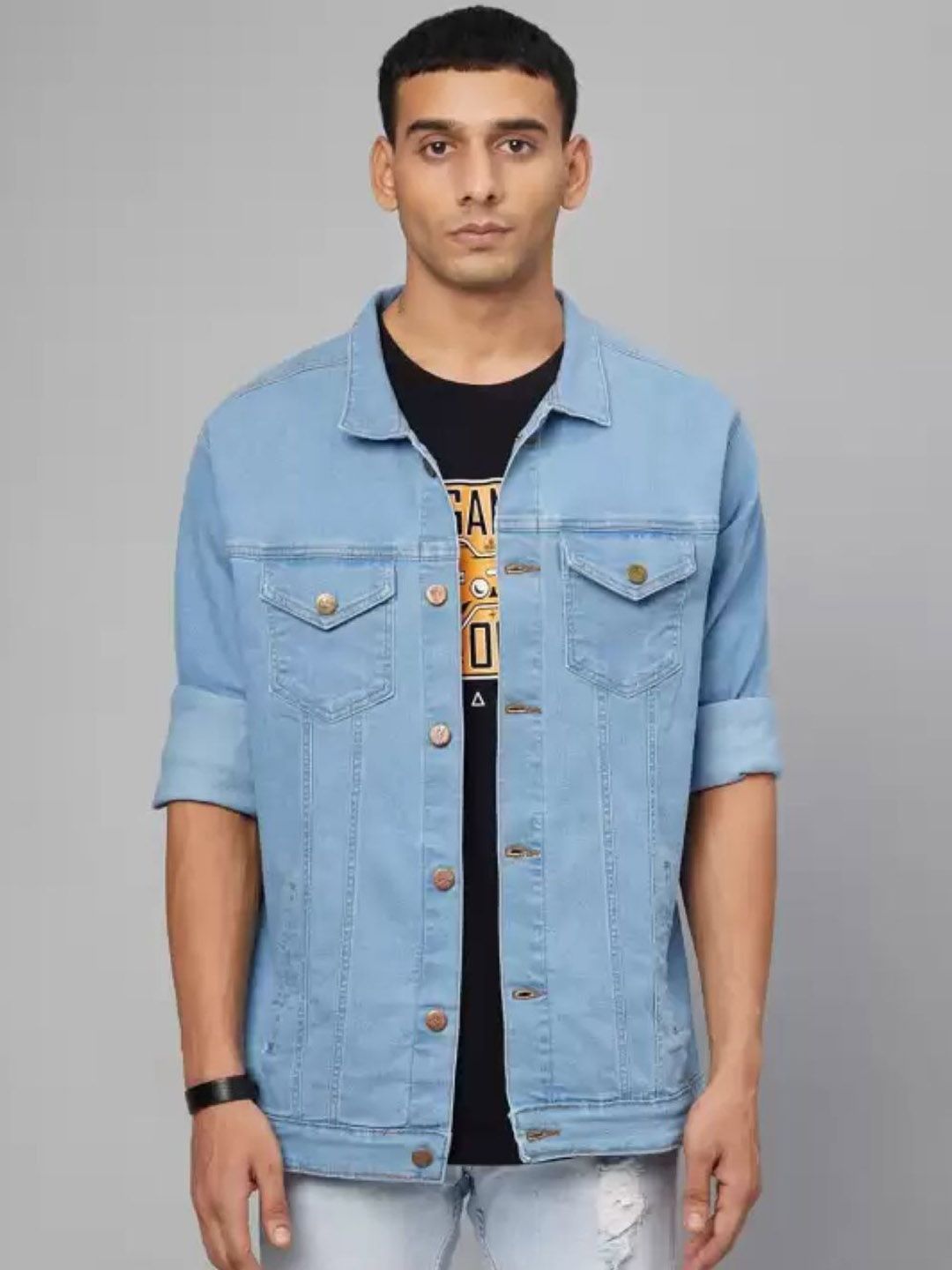 COMFITS Men Spread Collar Solid Denim Jacket