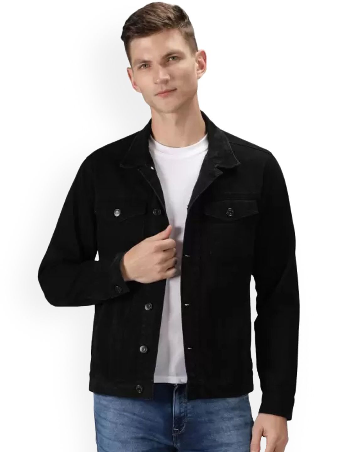 LINARIA Men Spread Collar Solid Cotton Denim Jacket