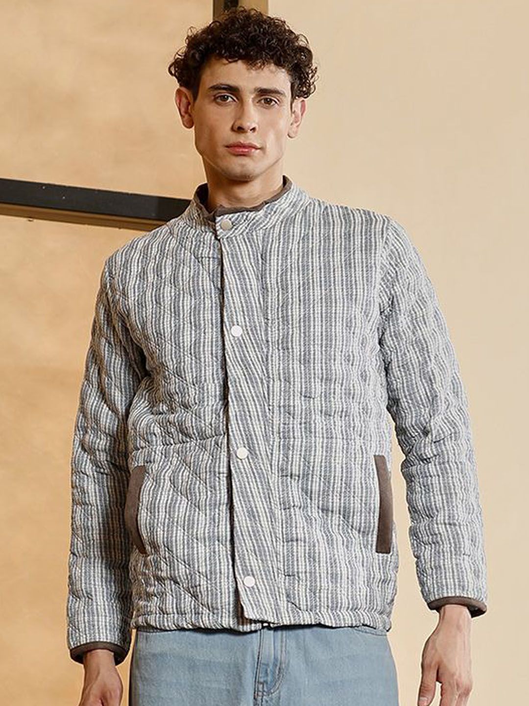 CAHOOT Men Mandarin Collar Striped Lightweight Cotton Quilted Jacket