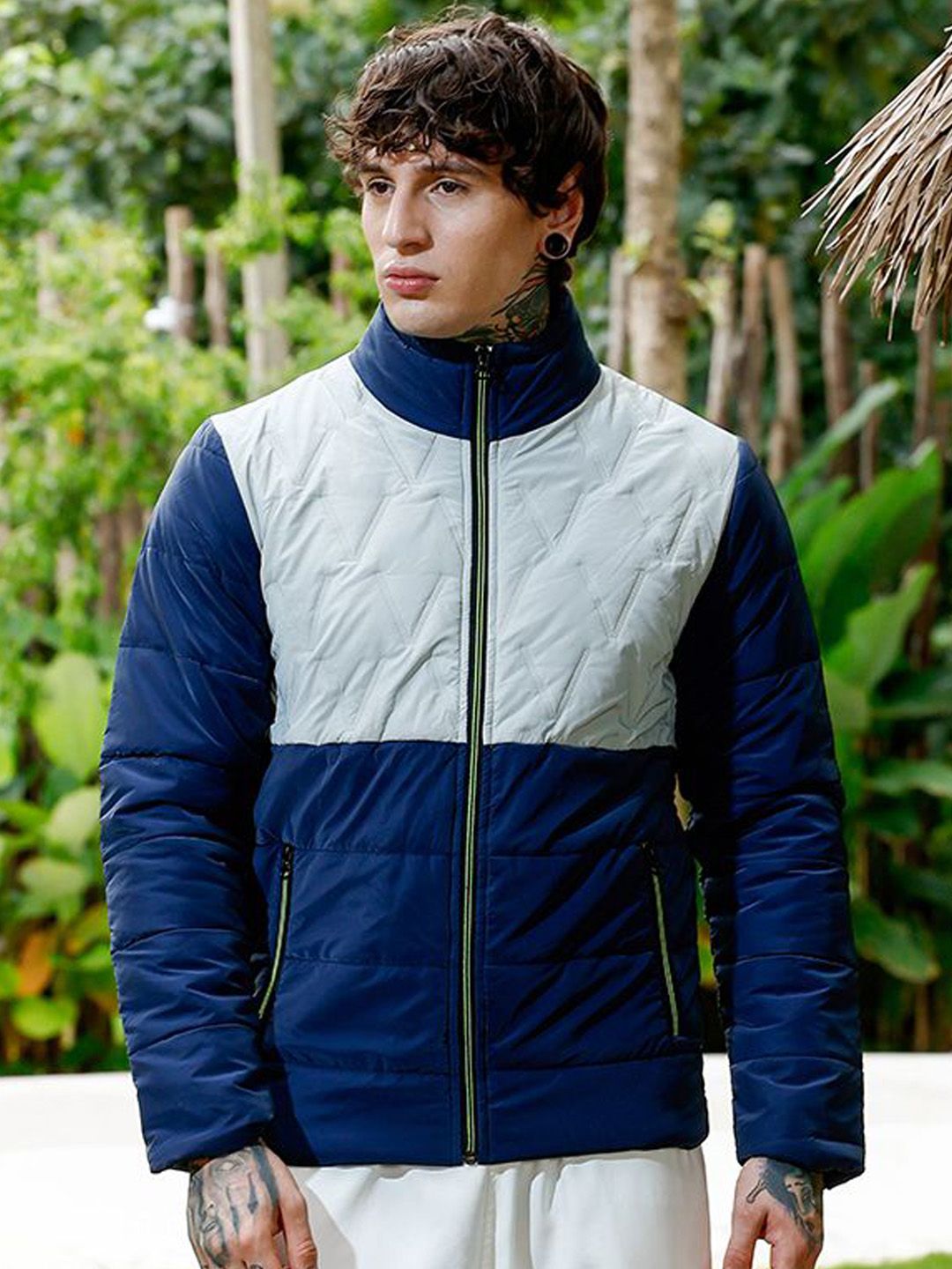 CAHOOT Men Stand Collar Colourblocked Self Design Lightweight Puffer Jacket