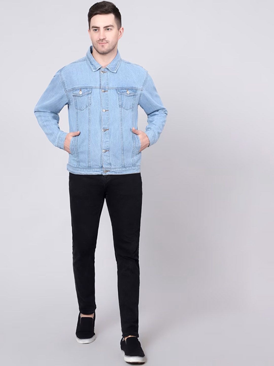 LINARIA Men Spread Collar Solid Denim Jacket