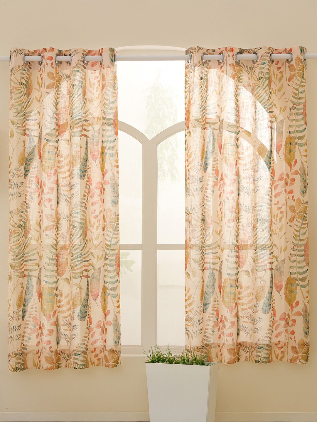 Story@home Story@home Cream-Coloured & Red Set of 2 Floral Sheer Window Curtain