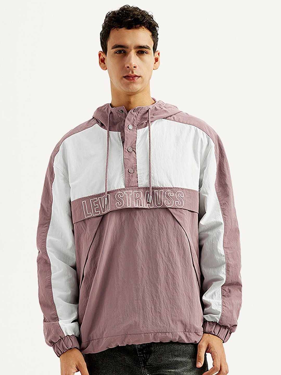 Levis Men Hooded Colourblocked Self Design Sporty Jacket