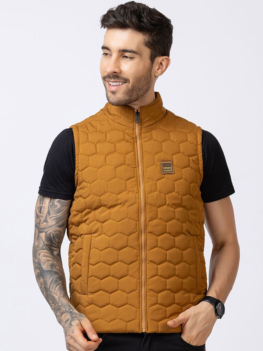 STYLOPLEX Men Mustard Geometric Casual Gilet Jacket