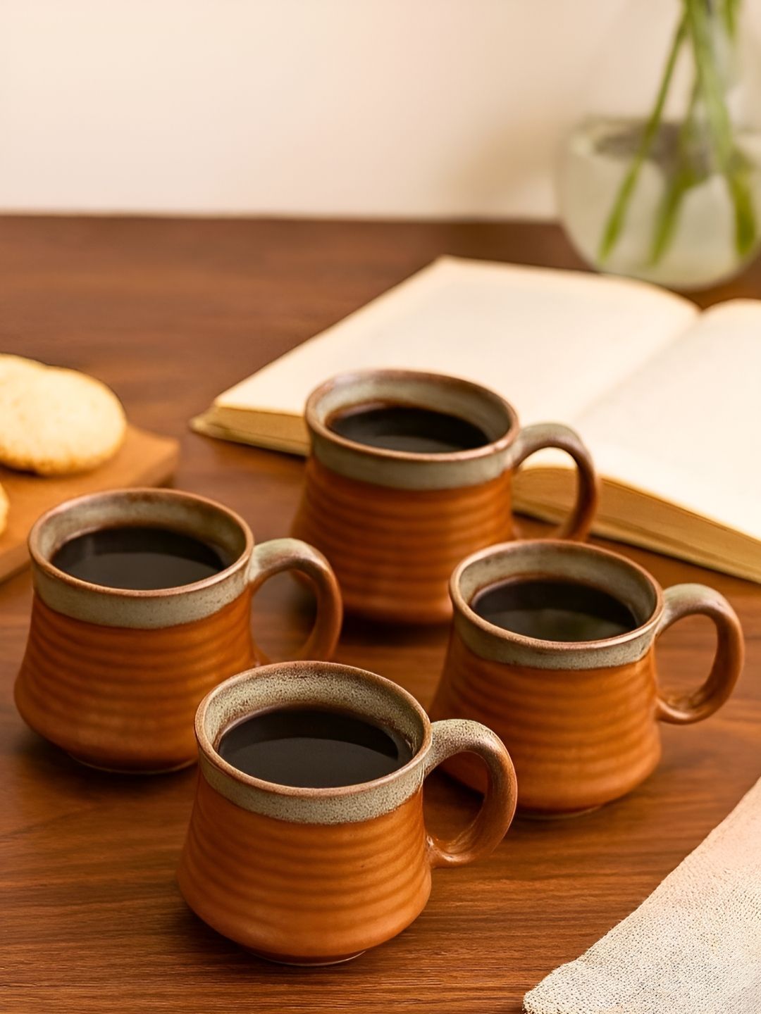 Unravel India Brown & Beige 4 Pieces Printed Ceramic Glossy Mugs