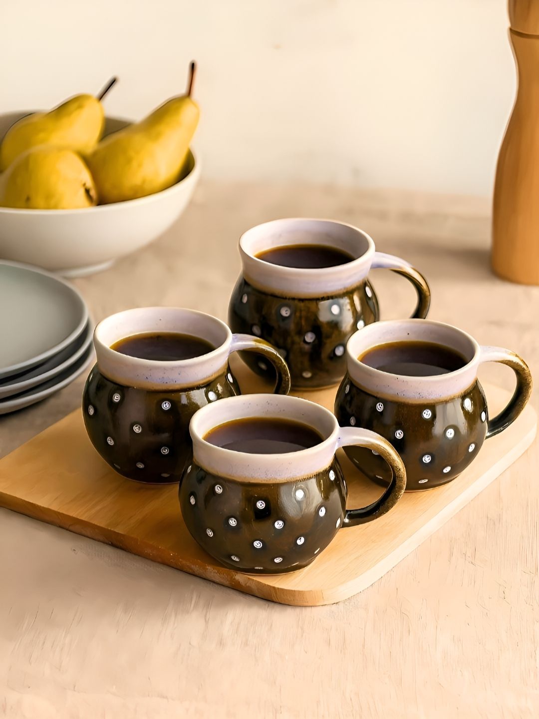 Unravel India Brown 4 Pcs Textured Dishwasher & Microwave Safe Ceramic Glossy Cups