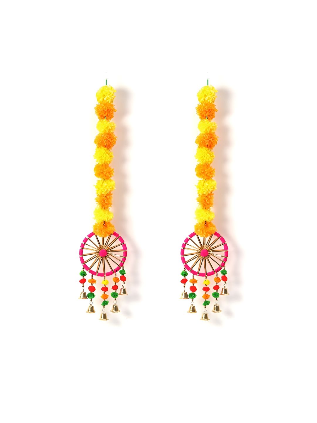 DULI 2 Pieces Red & Yellow Toran With Flowers & Beads Traditional Wooden Door Hangings