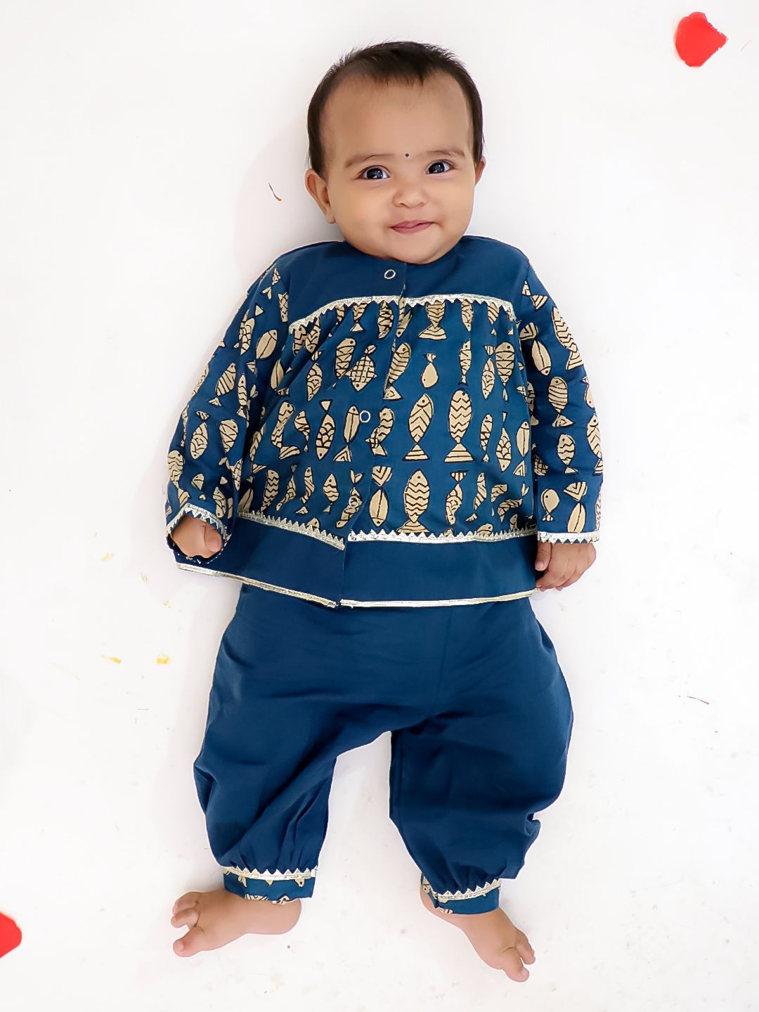 BownBee Infant Girls Printed Round Neck Gotta Patti Pure Cotton Kurti With Harem Pants