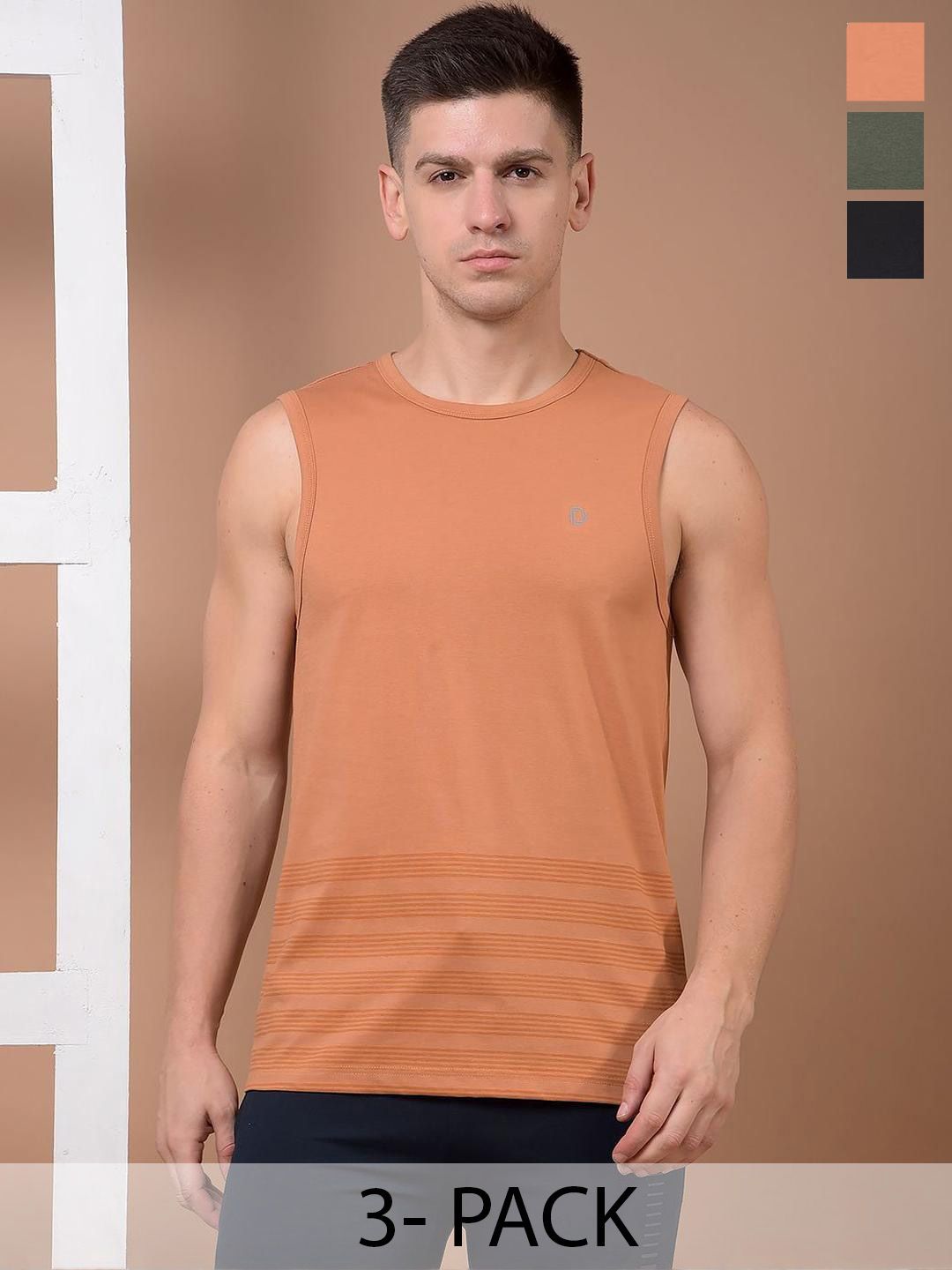 Dollar Pack Of 3 Striped Cotton Tank Top Vests AMTT-106-PO3-BLK-BRN-CMLVY