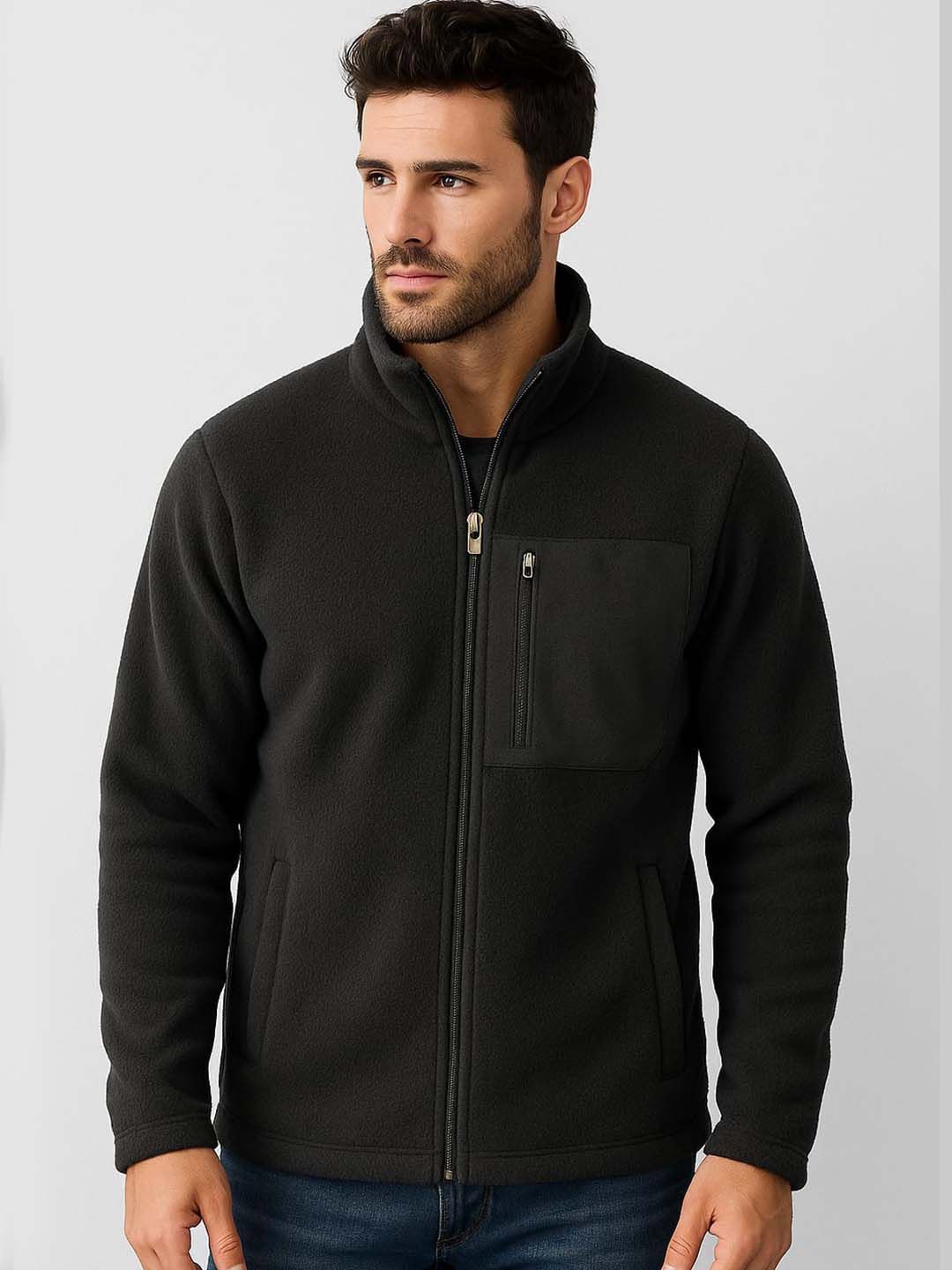 Organic Chics Men Stand Collar Solid Insulator Sherpa Jacket