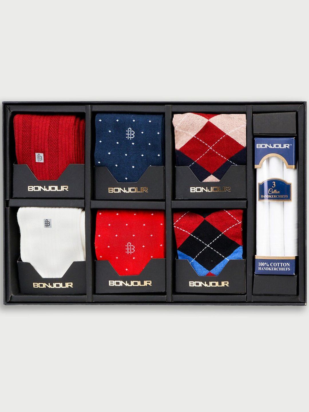 Bonjour Men Pack of 7 Socks with Handkerchief Gift Pack