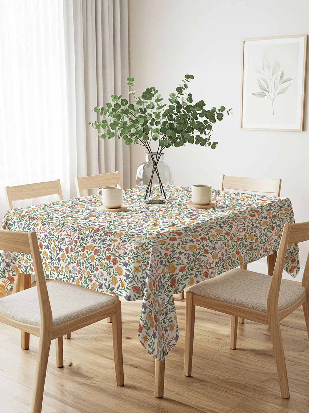 URBAN SPACE URBAN SPACE White & Yellow Floral Anti-Slip Cotton 4-Seater Table Cover