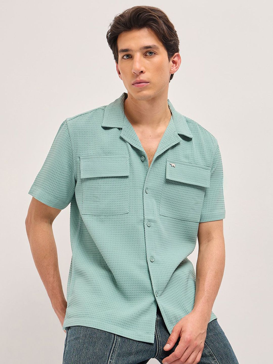 THE BEAR HOUSE Men Textured Cuban Collar Casual Shirt