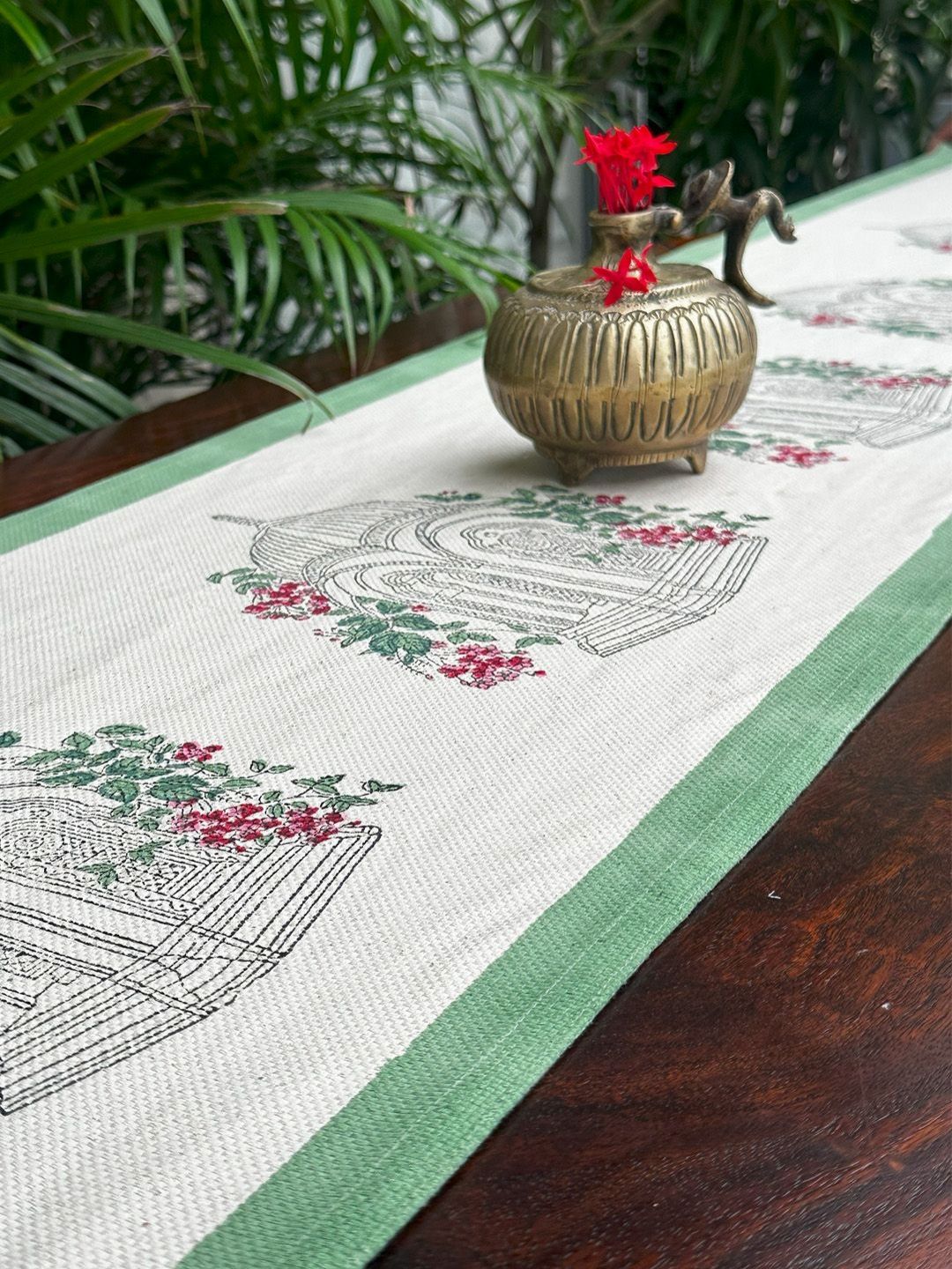 Baarno Beige & Green Floral Handblock Printed Pure Cotton Table Runners
