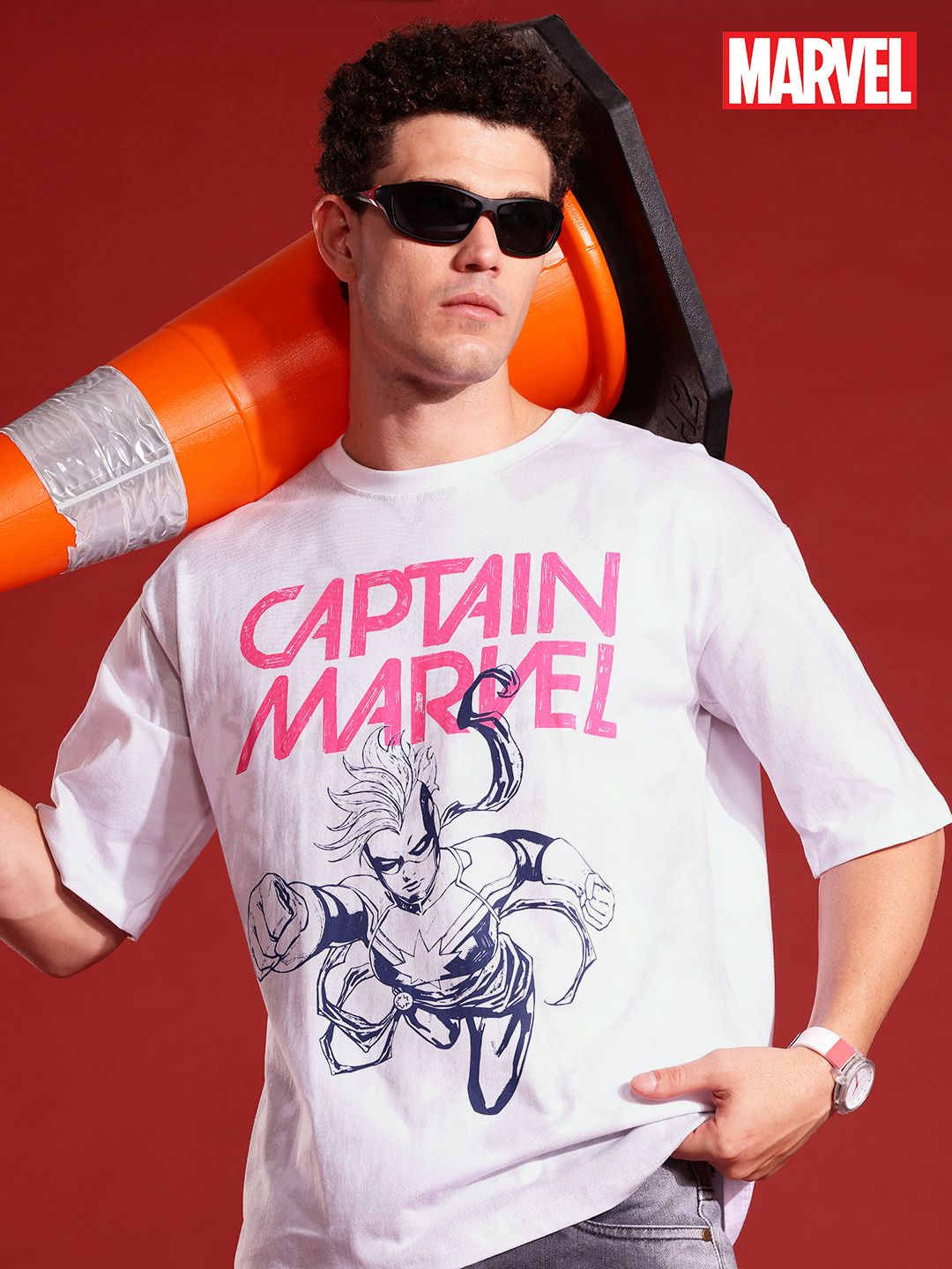 MARVEL STREET Captain Marvel Printed V-Neck Relaxed Fit Pure Cotton T-shirt