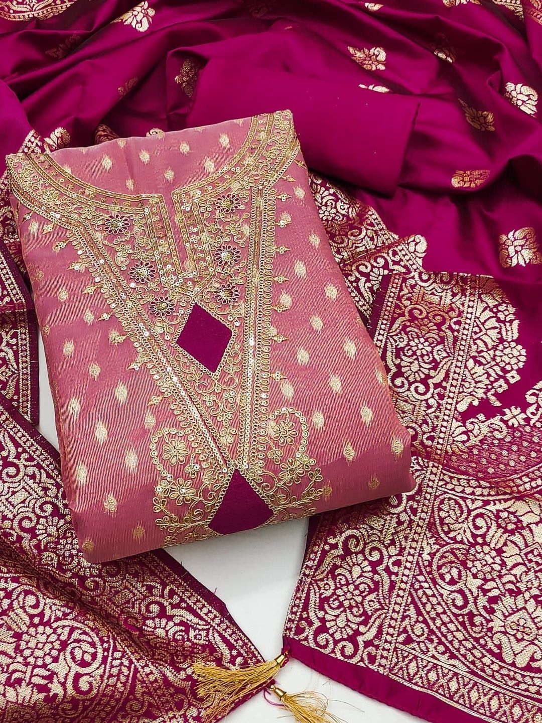 KALINI Pink Simmer Silk Jacquard With Embroidery Work Unstitched Dress Material