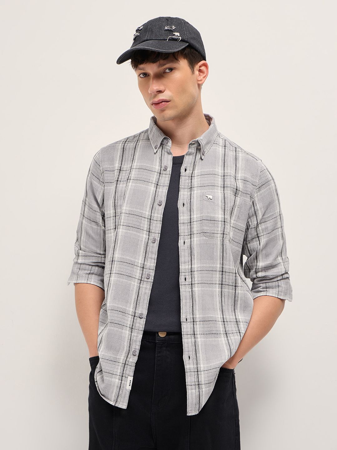 THE BEAR HOUSE Men Slim Fit Checked Button-Down Collar Pure Cotton Casual Shirt