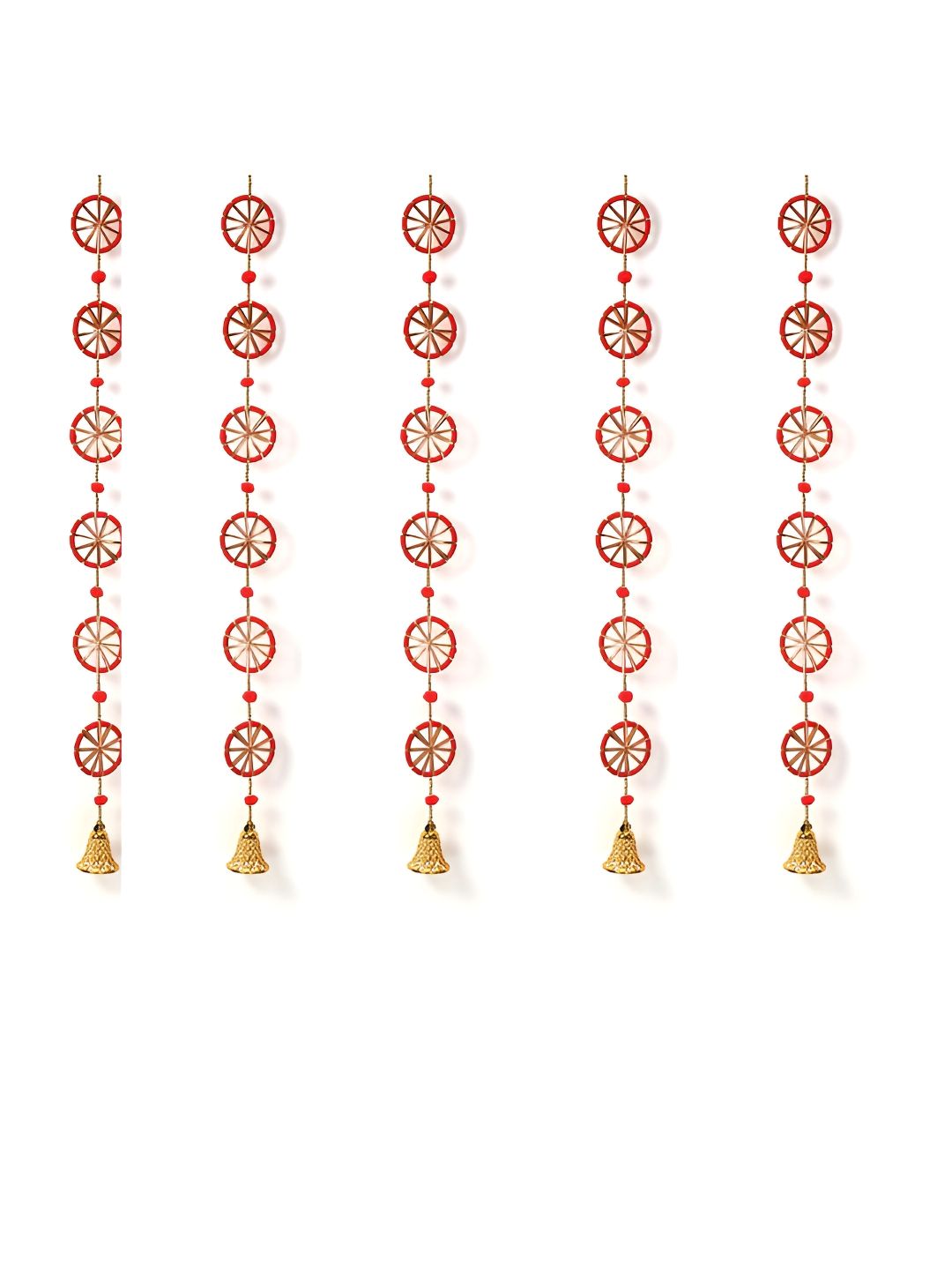DULI 5 Pieces Red & Yellow Textured Chakri Toran & Beads Traditional Wooden Door Hangings
