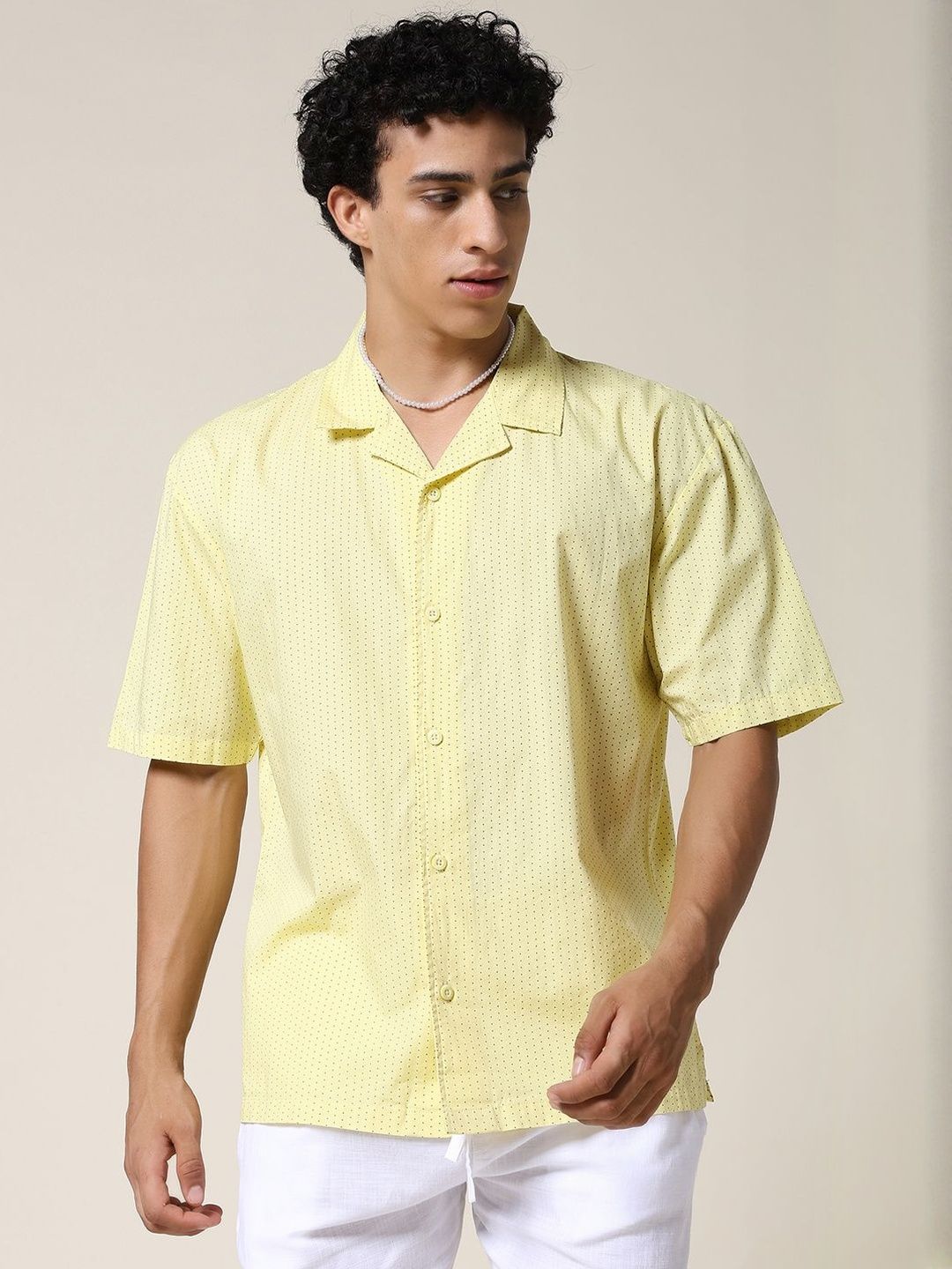 PRONK Men's Yellow Polka Dot Printed Oversized Cuban Collar Casual Shirt